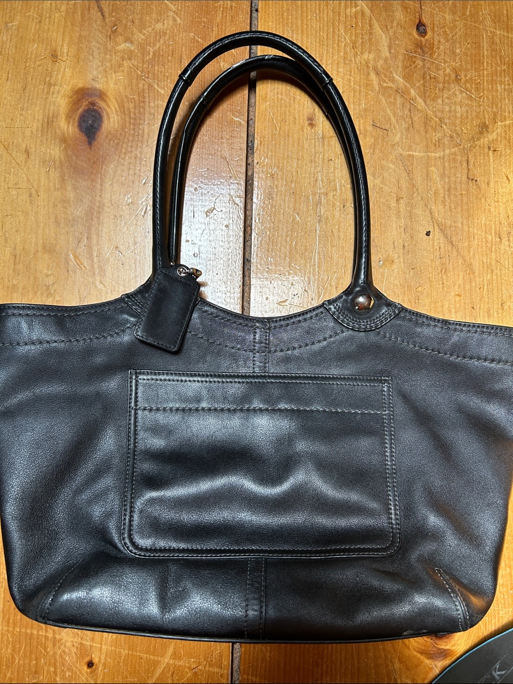 Coach Black Leather Tote with Front Slip Pocket